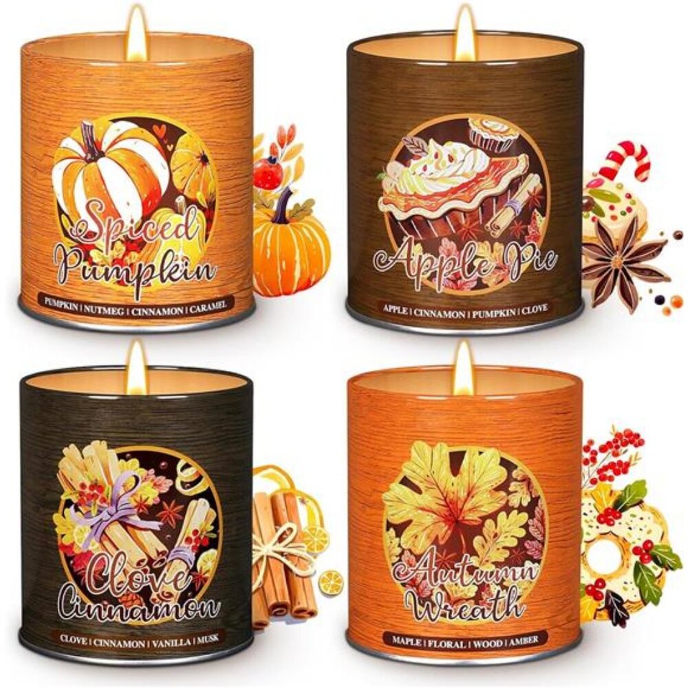Lanpn Fall Scented‎ Candles Gift Set, 4 Pack Soy Wax Jar Candle, Thanksgiving